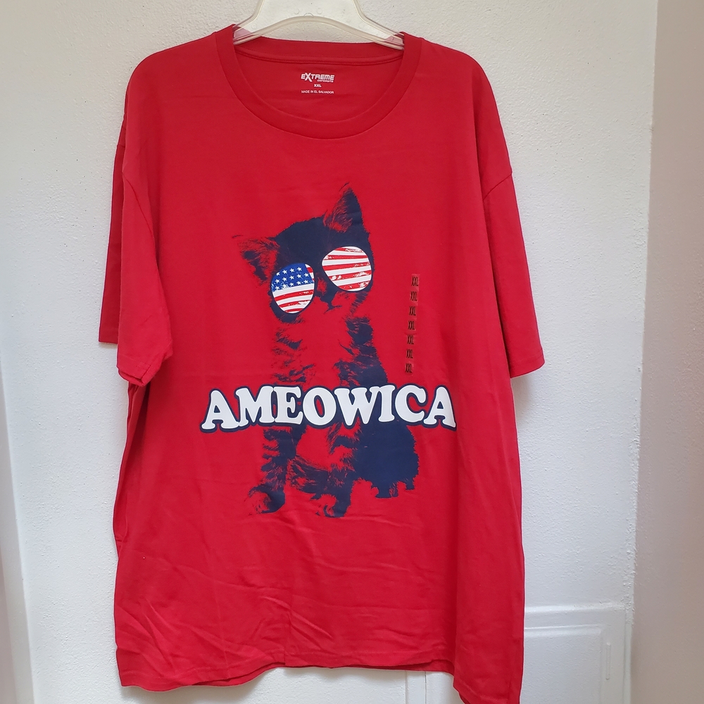 AMEOWICA Red Graphic Tee Cat Wearing Patriotic Sunglasses Size XXL
